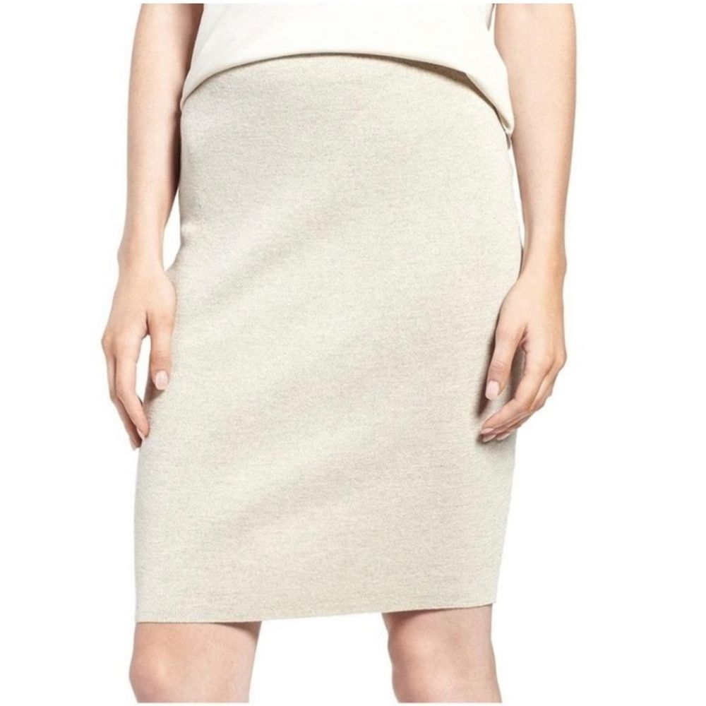 $198 EILEEN FISHER Washable Wool Crepe SEA SALT Straight Pencil Skirt L Large
